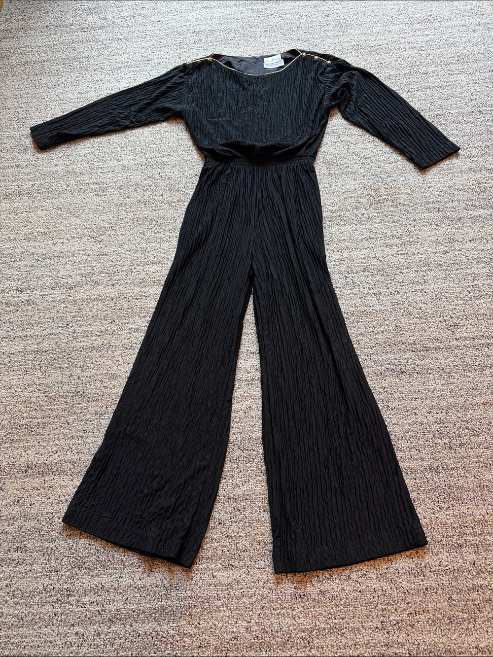 Vintage Ruth Norman Black Crinkle Wide-Leg Jumpsuit Button-Trim Shoulders